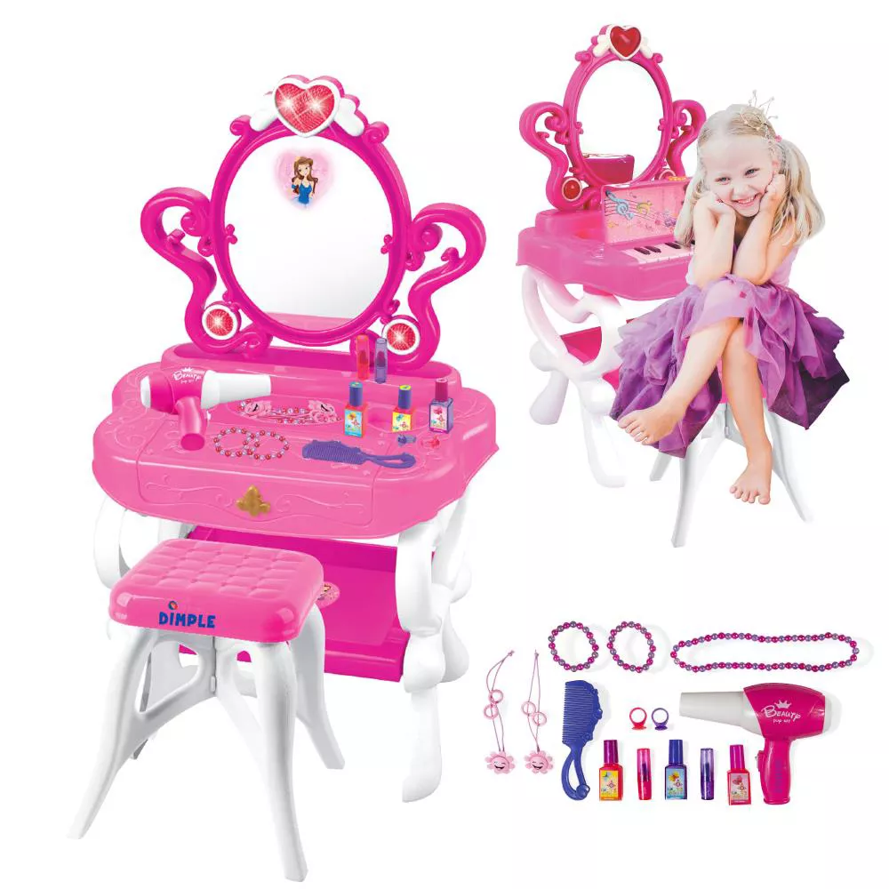 2-in-1 Princess Pretend Play Vanity Set Table w/ Working Piano Beauty Set for Girls w/ Toy Makeup Cosmetics Accessories,Hair Dryer, Keyboard,Flashing Lights,Image of Princess Appears in Mirror/Great Gift Toy for Kids & Toddlers