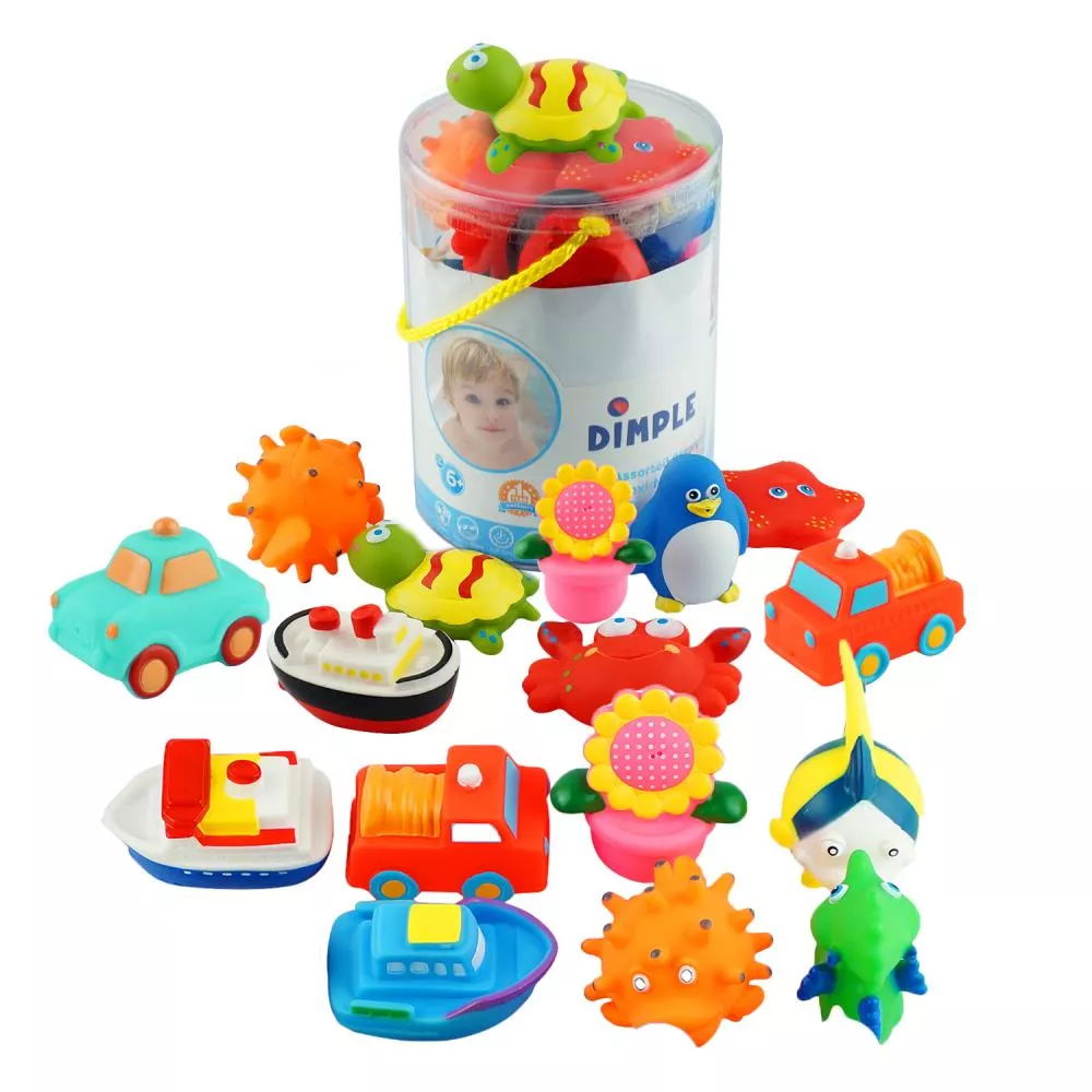 Set of 20 Floating Bath Toys, Squirter Toys for Boys and Girls, 20 Different Sea Animals, Vehicles and Shapes, Squeeze to Spray! Tons of Fun, Great for Kids & Toddlers by Dimple