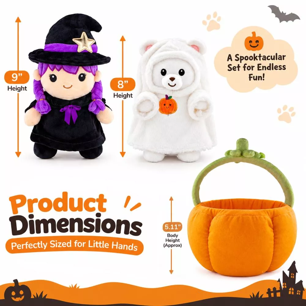 Sizes: the ghost plush is about 5.5 inches tall, the witch about 3.5 inches and the basket body about 5.1 inches high
