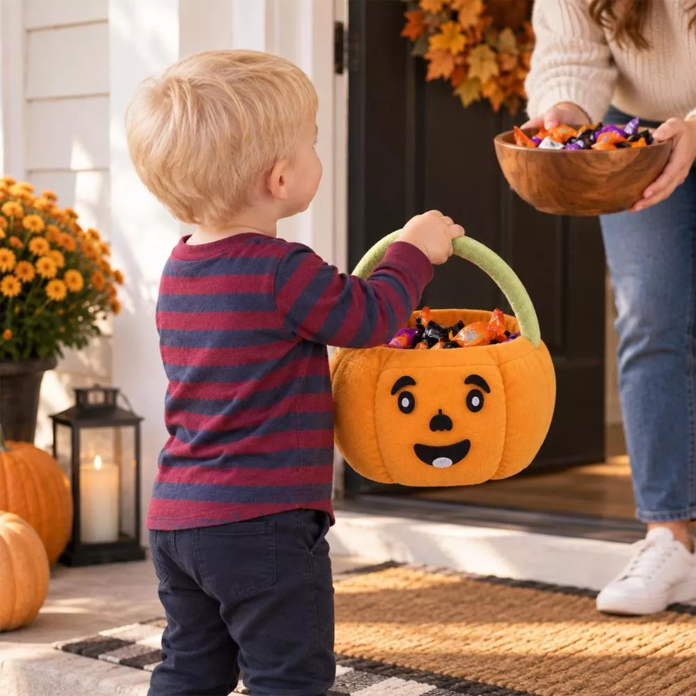 A child holding out the basket for candy at a front door