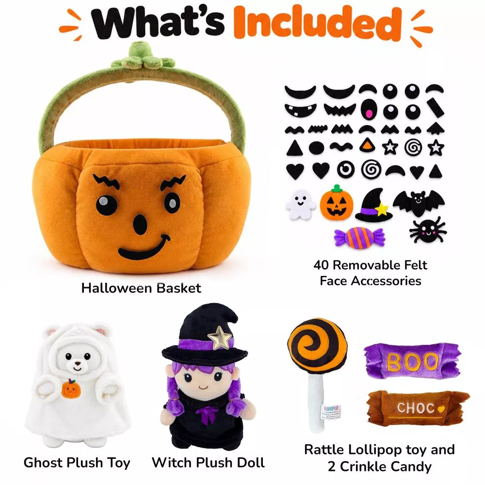 What is included: the Halloween basket, 40 removable felt face pieces, a ghost plush toy, a witch plush doll, a rattle lollipop toy and 2 crinkle candies