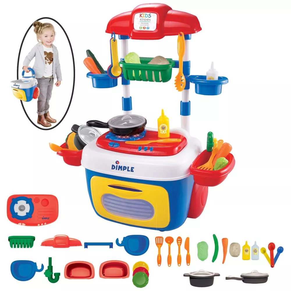 Lot of (2) Dimple Toy Playsets with Premium On The Go Carrier Toy Construction Tool Box Kit w/ Wheels (23-Piece Set) and Total Kitchen Play Set with With Lights for Girls, Boys, Toddlers Great Christmas Gift