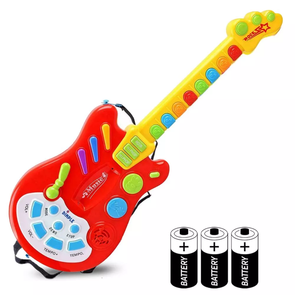 Dimple Handheld Musical Electronic Toy Guitar with over 20 Interactive Buttons, Levers and Modes for Children, Best Toy & Gift for Girls & Boys (AA Batteries Included)