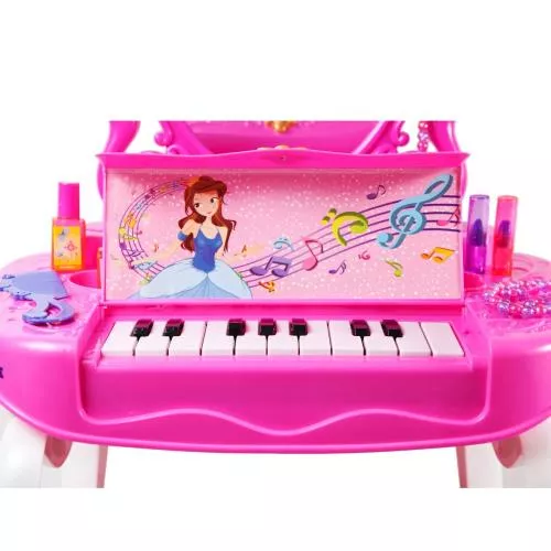2-in-1 Princess Pretend Play Vanity Set Table w/ Working Piano Beauty Set for Girls w/ Toy Makeup Cosmetics Accessories,Hair Dryer, Keyboard,Flashing Lights,Image of Princess Appears in Mirror/Great Gift Toy for Kids & Toddlers image 5