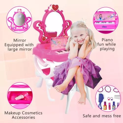 2-in-1 Princess Pretend Play Vanity Set Table w/ Working Piano Beauty Set for Girls w/ Toy Makeup Cosmetics Accessories,Hair Dryer, Keyboard,Flashing Lights,Image of Princess Appears in Mirror/Great Gift Toy for Kids & Toddlers image 8