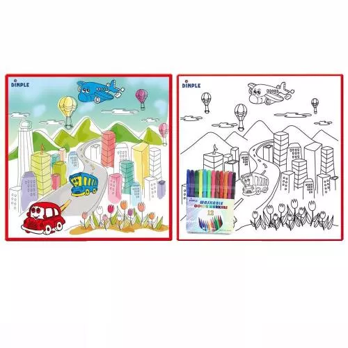 Large Washable Kids Coloring Play Mat with Bustling 'City Life' Design, Along with 12 Washable Markers, 'the Perfect Alternative for Coloring Books' Great for Boys & Girls by Dimple