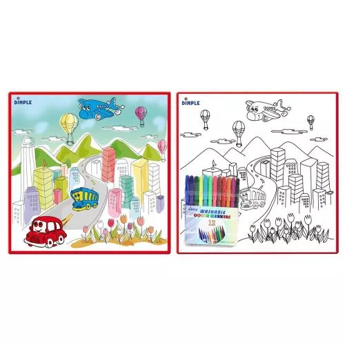 Kids Small Washable Coloring Play Mat with Bustling 'City Life' Design, Along with 12 Washable Markers, 'the Perfect Alternative for Coloring Books' Great for Boys & Girls by Dimple