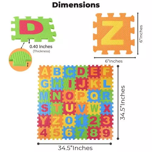 Baby Foam Play Mat (72-Piece Set) 6.25 x 6.25 Inches Interlocking Alphabet and Numbers Floor Puzzle Colorful EVA Tiles Girls, Boys Soft, Reusable, Easy to Clean by Dimple image 6