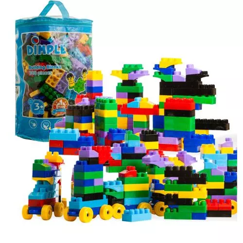 Pack of 300 Pieces Soft Kid-Friendly Plastic Multi Colored Building Block Set with Wheeled Train Pieces and Carry Bag, Tons of Fun, Great for Kids & Toddlers by Dimple