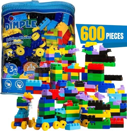 Pack of 600 Pieces Soft Kid-Friendly Plastic Multi Colored Building Block Set with Wheeled Train Pieces and Carry Bag, Tons of Fun, Great for Kids & Toddlers by Dimple