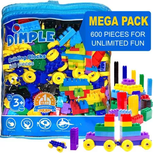 Pack of 600 Pieces Soft Kid-Friendly Plastic Multi Colored Building Block Set with Wheeled Train Pieces and Carry Bag, Tons of Fun, Great for Kids & Toddlers by Dimple