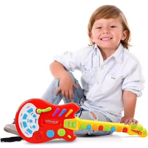 Dimple Handheld Musical Electronic Toy Guitar with over 20 Interactive Buttons, Levers and Modes for Children, Best Toy & Gift for Girls & Boys (AA Batteries Included) image 3