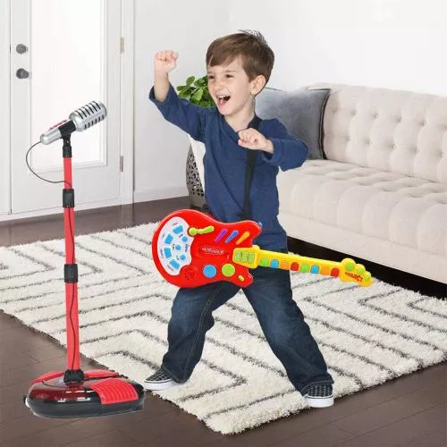 Dimple Handheld Musical Electronic Toy Guitar with over 20 Interactive Buttons, Levers and Modes for Children, Best Toy & Gift for Girls & Boys (AA Batteries Included) image 4